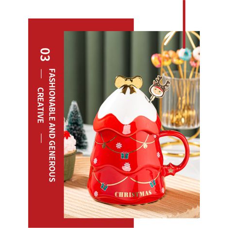 Keramikbecher mit Weihnachtsbaummotiv, 500 ml roter Kaffeebecher mit Deckel und Löffel, Weihnachtsgeschenkset (1/5)