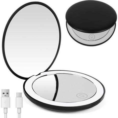 Miroir de Maquillage de Voyage éclairé par LED - Grossissant 1x / 10x,Double Face LED Miroir de Poche Lumineux,Petit Miroir(Noir) (1/5)