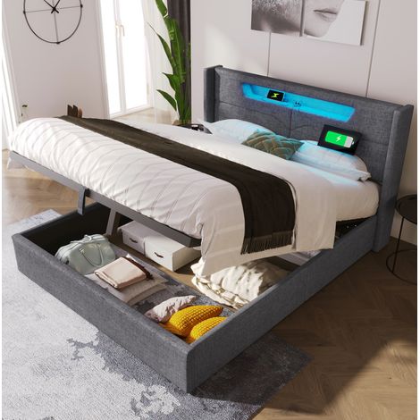 Cama doble con almacenamiento LED USB C 160x200 OKMYHOME (1/5)