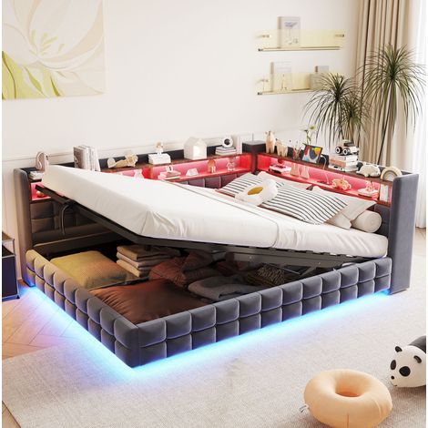 Multifunktionales Polsterbett Schlafsofa 140 × 200 cm, Mit Hydraulischem Stauraum, Holzregal, LED-Lichtleiste, Steckdose, USB- und Typ-C-Ladeanschlüssen, Lattenrost-Unterstützung, Samtstoff Dunkelgrau (1/5)