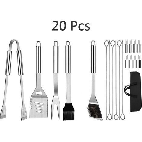 Ensemble d'ustensiles de barbecue en acier inoxydable 20 pièces – Pince, spatule, brochettes, sac de transport – Outils pour camping et pique-nique - 20Pcs (1/5)