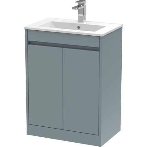 Chartley Contemporary Floor Standing 2 Door Vanity Basin Unit, Minimalist Basin, 600mm, Coastal Grey (1/4)