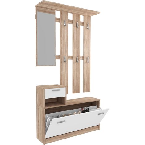 Mobile Belem Mobiletto da Ingresso con Scarpiera Appendiabiti e Specchio Arredo Arredamento Corridoio Entratina 97 x 35 x 25 cm (Bianco e Grigio Cemento) - Colore: Bianco e Quercia