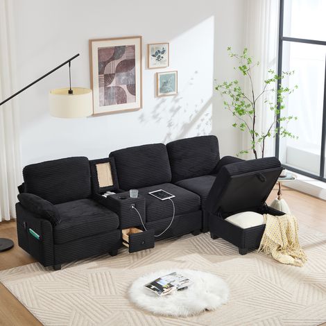 Divano in velluto a coste nero 266 x 136 x 82 cm con console scorrevole, USB-C e pouf contenitore