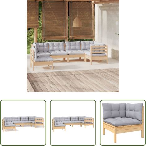 Holzgartenmöbel - 6-tlg. Garten-Lounge-Set mit Grauen Kissen Kiefernholz (1/5)