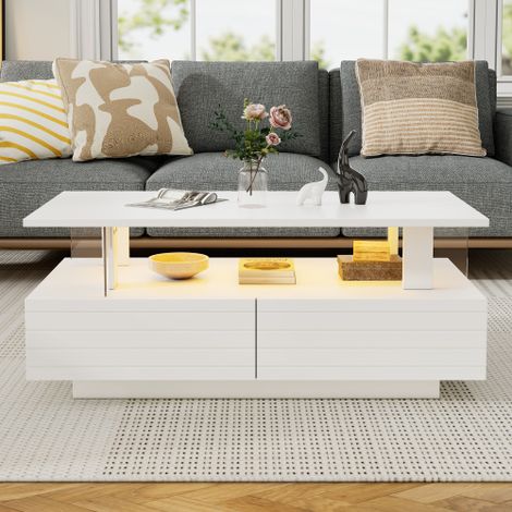 Table basse en verre haut avec LED, table basse avec espace de rangement, blanc brillant, table de salon moderne avec 2 tiroirs et compartiment ouvert (1/5)