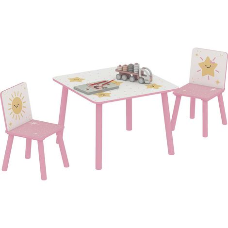 Pour enfant dès 3 ans, léger et facile à déplacer, ensemble table et 2 chaises en bois rose motifs étoile 60x60x44cm (1/5)
