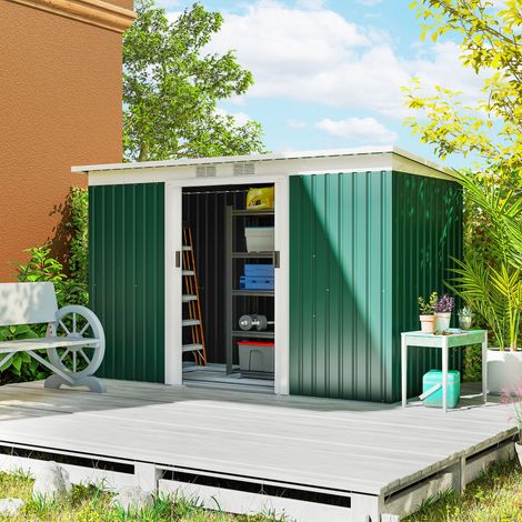 Abri de jardin acier galvanisé 3,2 m² - cabanon à outils - aérations - toit pente - porte double verrouillable - kit fondation - vert foncé