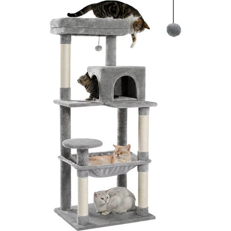 Arbre à chat pour chats d'intérieur, tour à chat à 5 niveaux pour grands chats avec grand hamac, poteaux à gratter couverts en Sisal, perche supérieure confortable pour Condo-Gris (1/5)