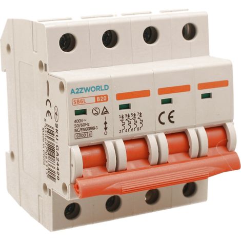 MCB Interruttore Magnetotermico Automatico Curva B 4P 4M 6000A AC 400V IP20 SB6L, Corrente Disponibili 10A 16A 20A 25A 32A 40A 50A 63A  (B20A)