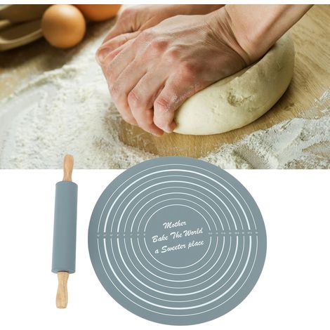 Set aus zwei Backutensilien, bestehend aus einem großen Silikon-Nudelholz und einer Knetmatte, grau. (1/5)