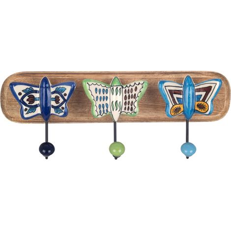 Perchero de pared de madera con 3 mariposas de cerámica 34 cm (1/2)