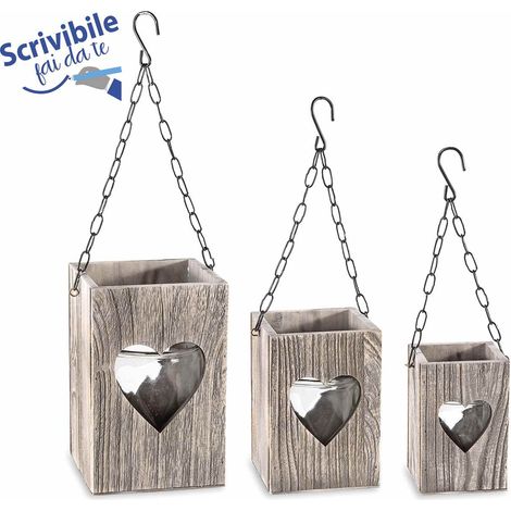 Lanterne in legno e metallo con vasetto in vetro da appendere e finestrella intagliata a forma di cuore, Grande: cm 15 x 15 x 23 H