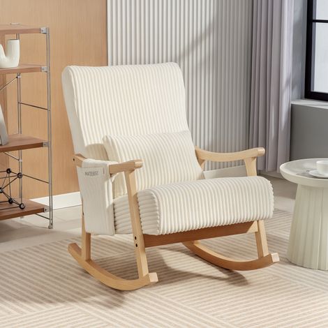 Silla Mecedora de Pana con Cojín Lumbar Patas y Reposabrazos de Madera de Caucho Bolsillo Estilo Moderno Beige (1/5)