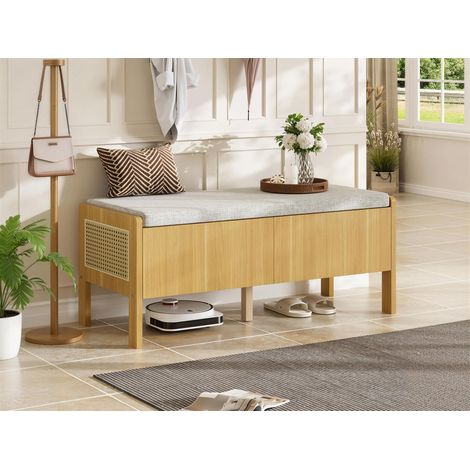 Schuhbank Sitzbank mit Stauraum und 2 Schubladen 113x40x45.5cm gepolsterte Flurbank mit Rattan-Geflecht aus Bambus und MDF