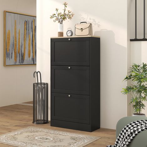 Scarpiera moderna con 3 cassetti a ribalta e ripiani regolabili per 18 paia di scarpe, 60x23,5x115 cm, nera.