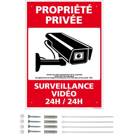 Panneau de signalisation prépercé PVC ou ALU rectangulaire + kit de fixation - Propriété privée, surveillance vidéo 24h/24h - PVC 1 mm - 150 x 210 mm