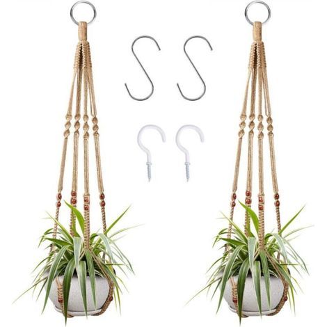 Suspension pour plantes d'intérieur en corde de coton et chanvre, 85 cm, avec perles en bois, pour décoration intérieure, sans crochets, 2 paires (1/5)