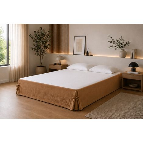 Cache-sommier 160 x 200 cm Double Gaze de Coton GAÏA Camel – Qualité Haut de Gamme (1/5)
