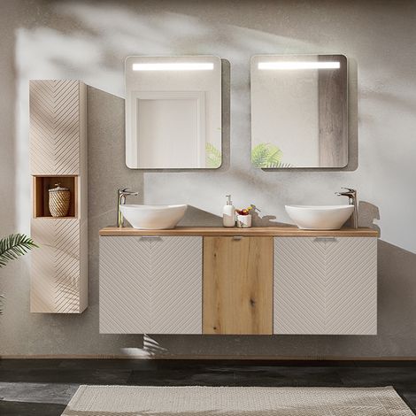 Mobile lavabo doppio da 160 cm con 4 ante, cesto portabiancheria, specchi a LED e colonna Manoa Cashmere e Wood