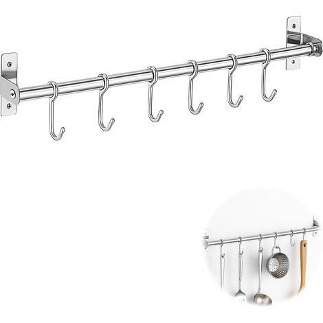 Stainless Steel Wall-Mounted Utensil Holder with 6 Hooks, 40cm Long, No Drilling Required, Storage Organizer Rack for Kitchen/Bathroom (1/5)