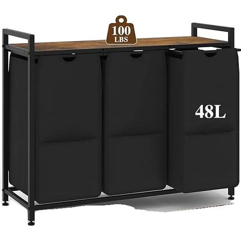 Panier à linge, sacs en tissu durable, dessus en bois robuste, 3compartiments BK (1/2)