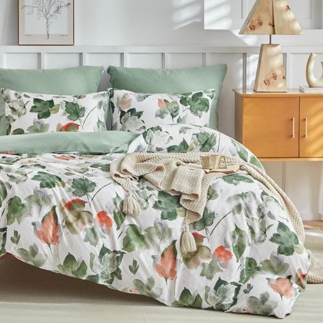 Bettwäsche-Set 3-teilig mit Aquarell-Blumenmuster, Mikrofaser, 240x260 cm, Grün