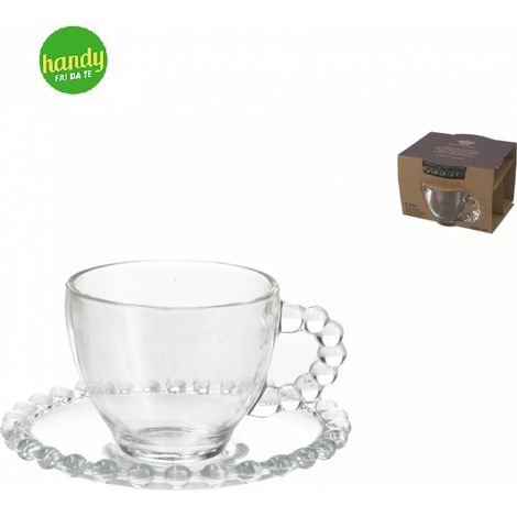 Set 2 tazze tè Pearls Royal Norfolk 230 ml in vetro con piattini