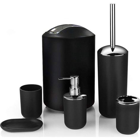 Ensemble poubelle, porte-brosse à dents, brosse de toilette, boîte à savon, distributeur de lotion, accessoires de salle de bain d'hôtel noirs (1/4)