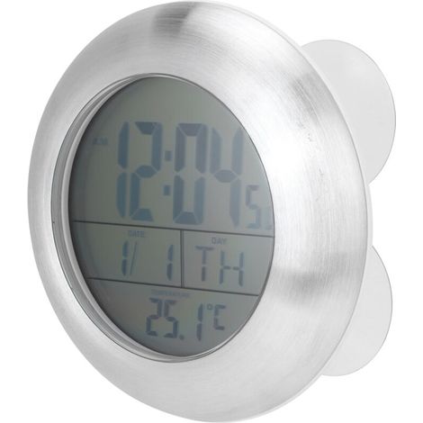 Digitale Badezimmeruhr – Silbernes Aluminiumgehäuse – 173 mm – Temperatur- und Kalenderanzeige – Wasserdicht und tragbar – Mit Saugnäpfen und Ständer