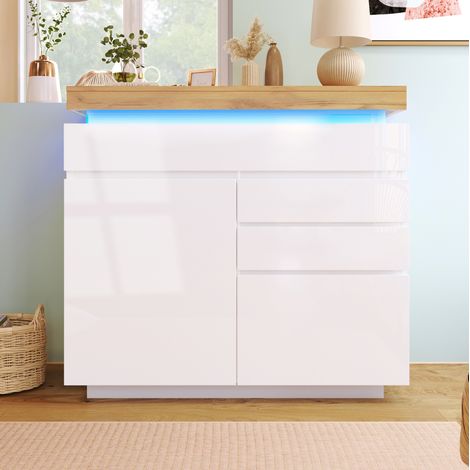 Commode 110x39x115 cm blanche en panneaux de particules avec LED, 2 portes, 3 tiroirs et étagères réglables (1/5)