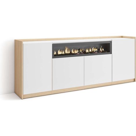 Aparador Álora-01 de 207x80x37 cm con 4 puertas, chimenea y luces LED, color blanco y roble soft (1/4)