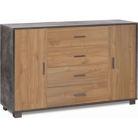 Mueble móvil con 2 puertas y 4 cajones, 136L x 41P x h86 – Acabado negro mate y madera de nogal Stelvio – Sarmog