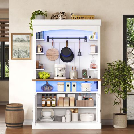 Buffet haut cuisine 106 x 43 x 183 cm armoire vitrine arquée avec LED RGB prises USB crochets porte bouteilles MDF (1/5)
