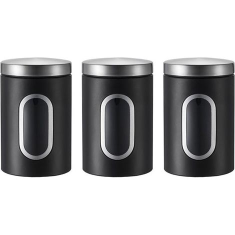 Ensemble de 3 pots de rangement en acier inoxydable avec fenêtre de visualisation : pour grains de café, thé, sucre et autres aliments, ensemble noir, conteneurs de cuisine hermétiques (1/5)
