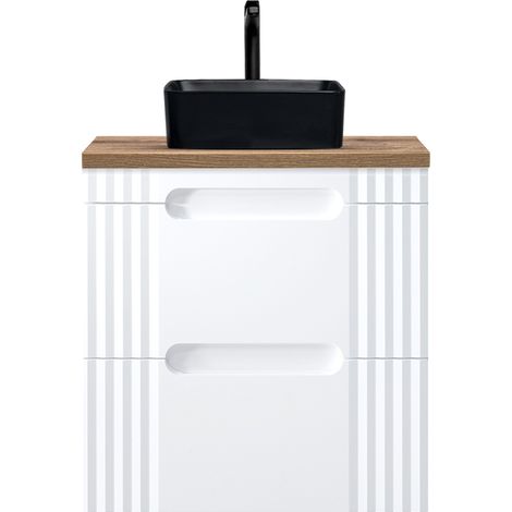 60cm Waschtischunterschrank mit Aufsatzwaschbecken in schwarz FAIRFIELD-56 weiß mit Eiche Nb., B/H/T ca. 60,4/77,5/46 cm (1/5)