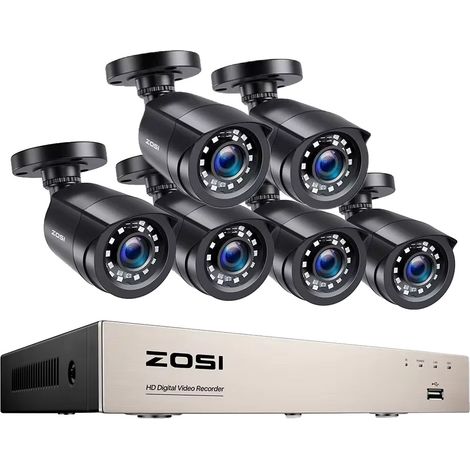 Système de vidéosurveillance, 8CH, Vision nocturne, Avec 6 caméras noires, Aucun (1/2)
