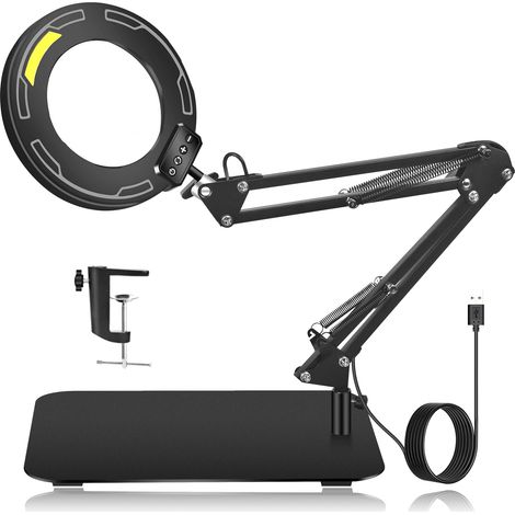 1x Loupe 10x avec lumière, 5 modes couleur, éclairage LED dimmable, bras flexible, support bureau et pince pour loisirs créatifs (1/5)