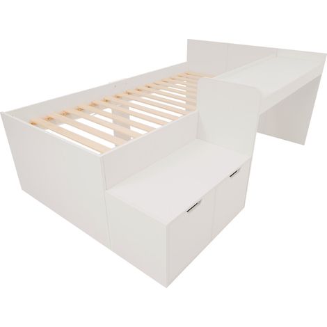 Cama individual infantil 90 x 200 cm con escritorio y 2 cajones en madera y MDF blanco (1/5)
