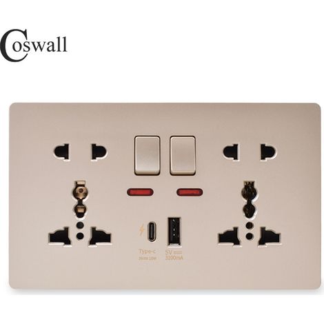 146PC 13A Switched Socket with Outboard Rockers and Dual USB (A+C) 5V,Multifunctional 5-hole Fast Charging Socket,Gold (1/3)