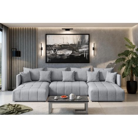 AX LIVING Sofa U Form mit Schlaffunktion Eckcouch hellgrau Veliro 353