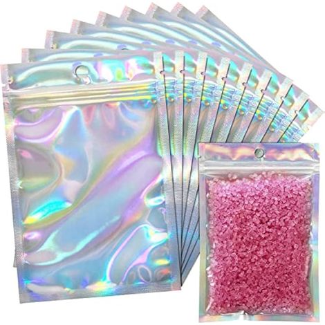 100 sachets zip en aluminium holographiques 10 x 15 cm, double face métallisé, plats, étanches aux odeurs, pour cadeaux de fête, bijoux, bonbons, biscuits (1/4)