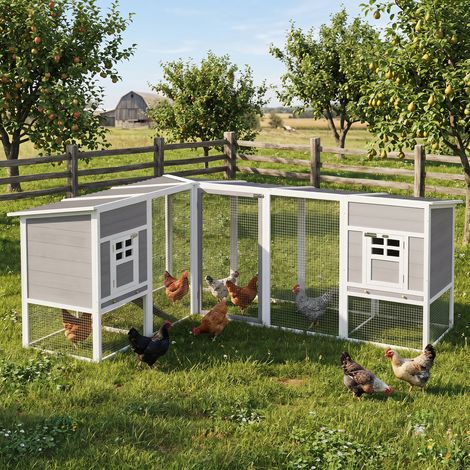 Gallinero de Madera Grande Exterior en L para Esquina con 2 Nidos Corral Bandejas Extraíbles 251x192x103 cm Gris (1/5)