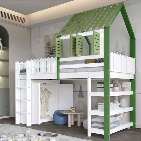 DESVIAE Lit mezzanine enfant avec toit fenêtres garde corps armoire étagères ouvertes échelle trois marches pin MDF contreplaqué blanc vert 90 x 200 certifié EN 747 (1/5)