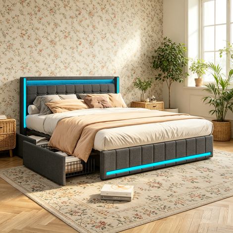 Lit double 140x200 cm avec 4 tiroirs, Tête de Lit Rembourrée avec ports USB/Type-C, LED réglable, Tissu lin Pour adultes et adolescents (1/5)