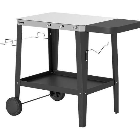 Chariot de cuisine acier inoxydable noir avec crochets, porte-rouleau et support sac poubelle 115 x 67,5 x 80,5 cm