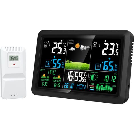 Station météo sans fil NÖRDIC avec écran LCD 7,5", hygromètre, thermomètre, phases de la lune, baromètre, réveil radiopiloté et heure solaire. (1/4)