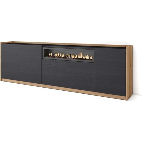 Aparador Atajate-01 de 260x80x37 cm con 5 puertas, chimenea y luces LED, color negro y roble (1/4)