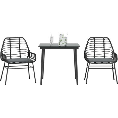 3-tlg. Garten-Essgruppe mit Kissen Schwarz Poly Rattan Glas