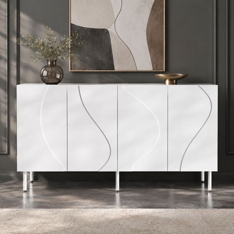 Buffet 140 x 40 x 77,5 cm, portes ondulées 3D, sans poignées, push-to-open, blanc HAVRYA (1/5)